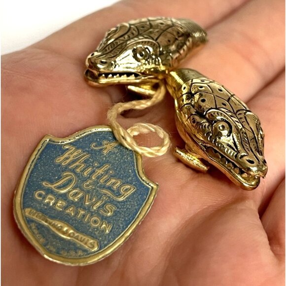 Whiting & Davis Gold-tone  Snake Serpent  Clip On Earrings Vintage Original Tag - Picture 1 of 16